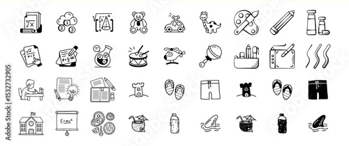 Black and White Doodle Icons Set Education Toys Summer