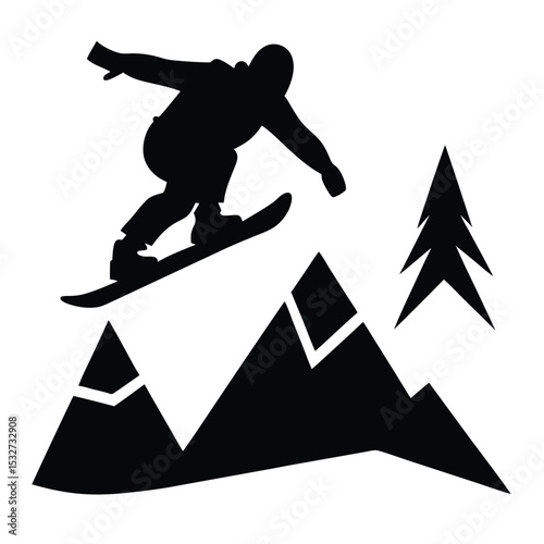 Snowboarder Silhouette Soaring Above Majestic Mountains Winter Sports Vector Illustration