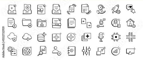 Black and White Hand Drawn Add Icons Set File Folder Cloud