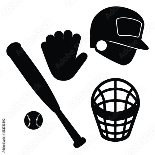 Baseball Equipment Silhouettes Bat, Glove, Helmet, Ball, Catcher's Mask