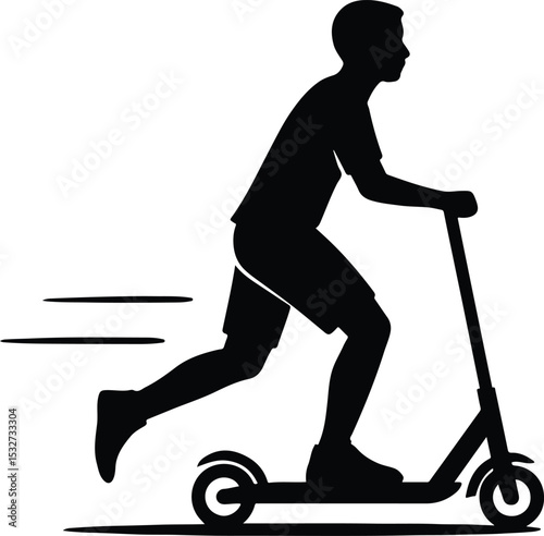 Silhouette boy riding scooter quickly black and white vector illustration
