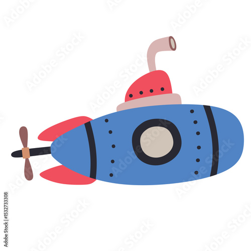 Cute cartoon submarine with periscope and propeller on white background