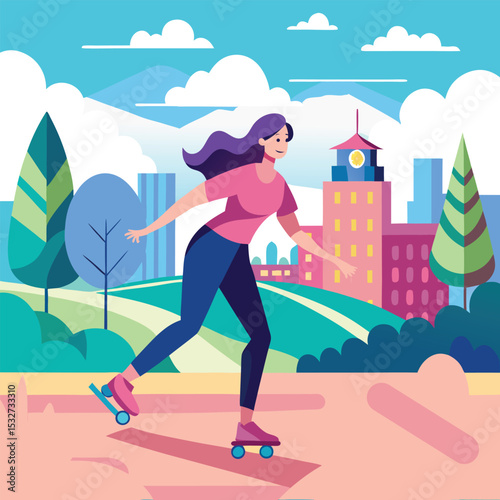  woman skating in park with distant buildings, girl on the street