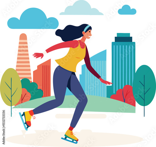  woman skating in park with distant buildings, girl on the street, woman running on the road