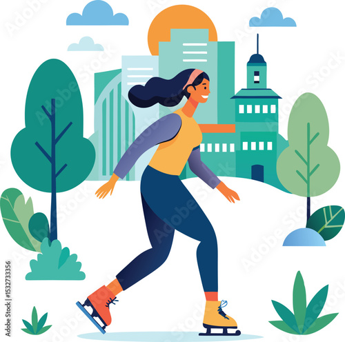woman skating in park with distant buildings, girl on the street, woman running on the road