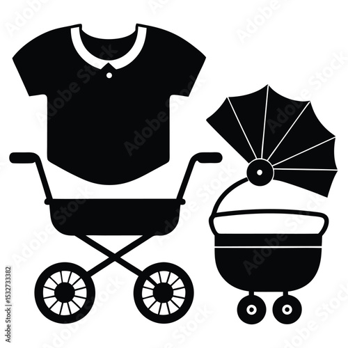 Baby Carriage and Onesie Simple Black and White Vector Illustration