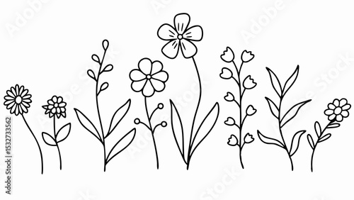 Simple flower drawing outline vector illustration for coloring book page and floral design element, art line