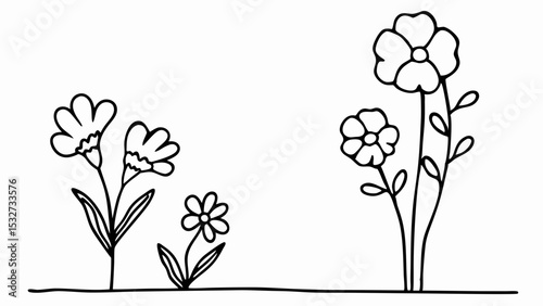 Hand drawn flower garden illustration with floral elements in black and white outline vector design