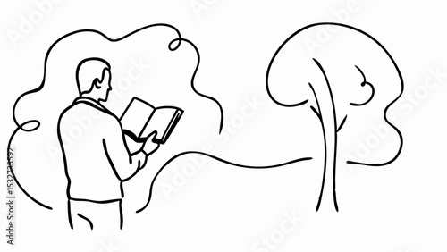 Illustration of man reading book in park outdoor scenery sketch line art for relaxation and education 100