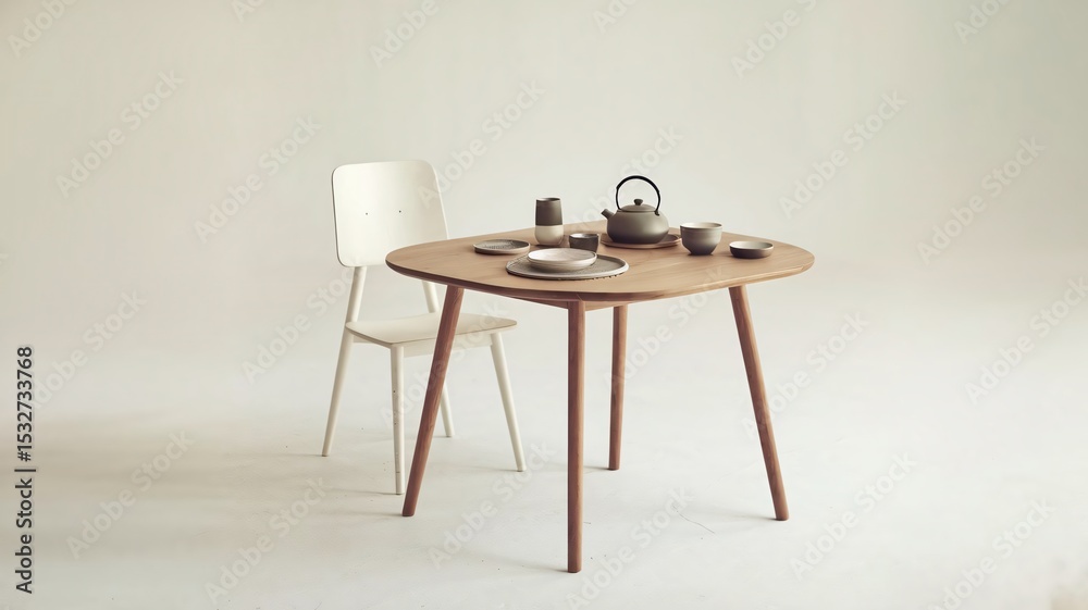 Fototapeta premium a Scandinavian wooden dining table with a tea set. a teapot, cups, and a plate.