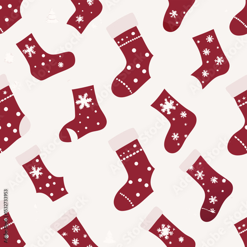 Festive Christmas Stocking Pattern with Snowflakes and Dots on Cream Background