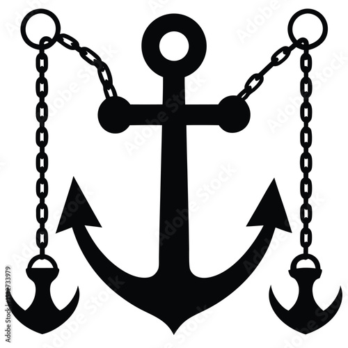 Nautical Anchor with Chains Black and White Silhouette Illustration