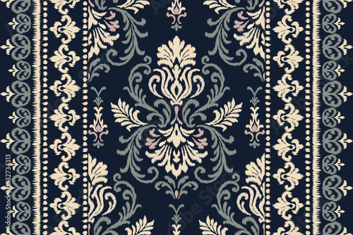 Floral ikat embroidery with ethnic Aztec style in seamless traditional textile illustration, perfect fabric pattern design for texture, clothing, and decoration.