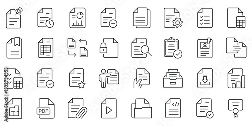 Document set of web icons in outline. Set of document Icons. Containing contract papers, folder, certificate, accept, approved, clipboard, invoice, archive and more. Vector illustration. 