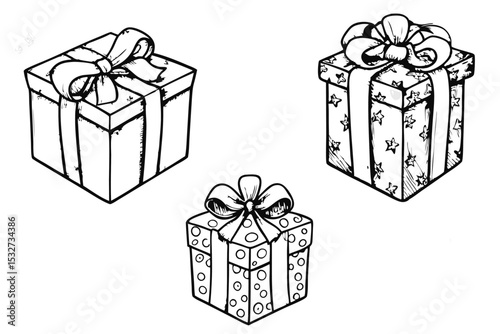 Hand Drawn Gift Boxes with Bows and Different Patterns in Black and White