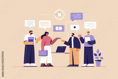 Diverse team brainstorming ideas in a modern office collaborating on a project with communication bubbles and a laptop on a
