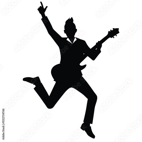 Energetic Musician Silhouette Jumping, Playing Guitar, Rock and Roll
