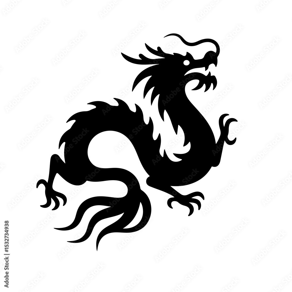 Naklejka premium Black Silhouette of a Chinese Dragon, Vector Illustration