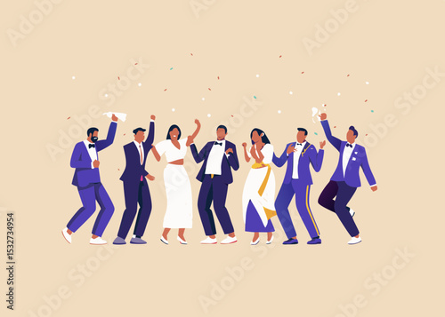 Diverse Wedding Party Celebration with Confetti Joyful Group of People Dancing and Celebrating Together Vector Illustration for Festive Occasions