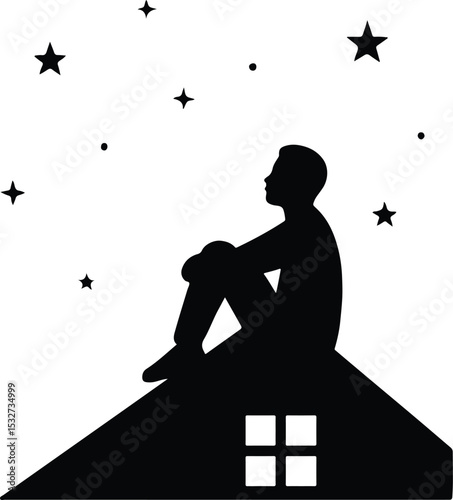 Silhouette boy sitting on roof looking at stars vector illustration