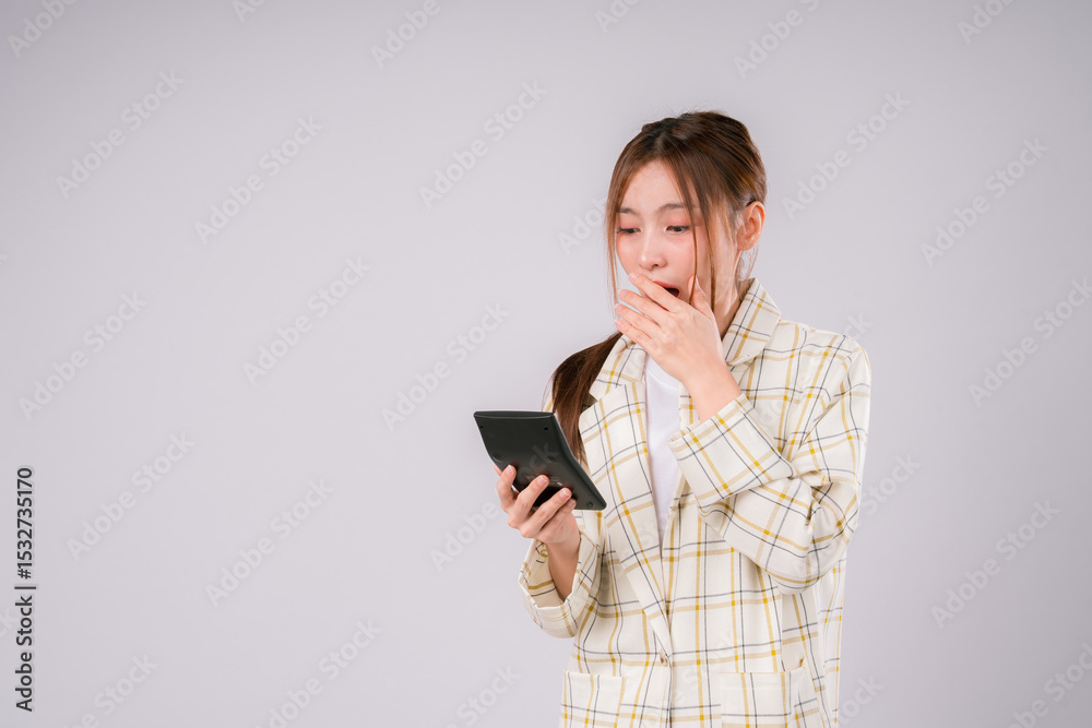 Naklejka premium Finance Shock Woman Calculate Surprised Accountant Debt Economy Education Expression, A Young Woman Reacting in Shock While Calculating Expenses