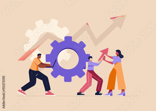 Teamwork and Business Growth Diverse team collaborating to drive success innovation and positive market trends with technology and strategic planning