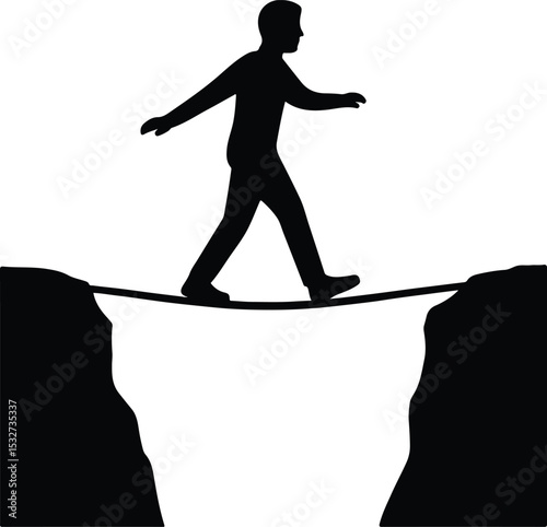 Silhouette businessman walking on a tightrope challenge vector illustration