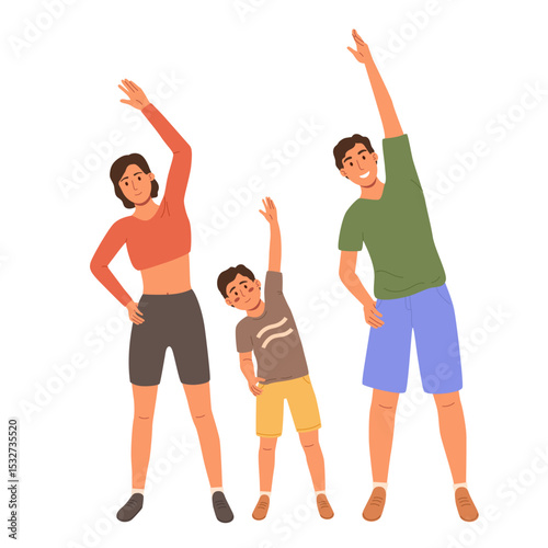 Family fitness with stretching exercises together for health and wellness