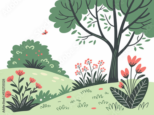 Floral Garden Background – Vector Scene with Trees and Bushes