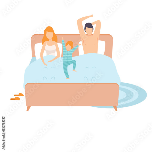 Family morning scene child jumping on bed with parents in bedroom bliss