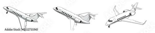 Isometric cartoon illustrations of private jets with sleek designs on white canvas