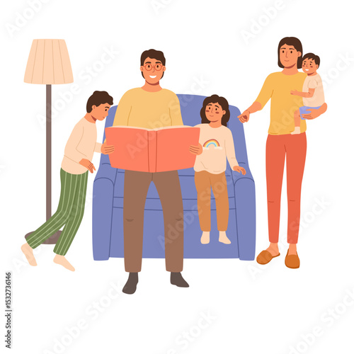 Family reading story together in living room with lamp and blue armchair