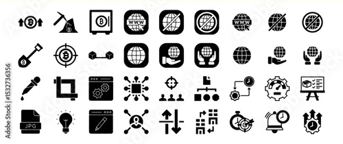 Black Bitcoin Cryptocurrency and Web Icons Set internet