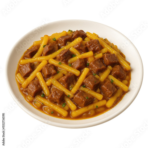 Beef and Potato Stir-Fry with Pasta in Tomato Sauce Isolated on Transparent Background photo