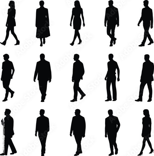 "Collection of professional business silhouettes in various walking poses, isolated on transparent background for corporate or fashion use"