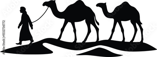 Silhouette Caravan with camels and Bedouin vector illustration