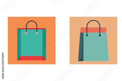 Two stylish teal shopping bags with colored accents and orange backgrounds