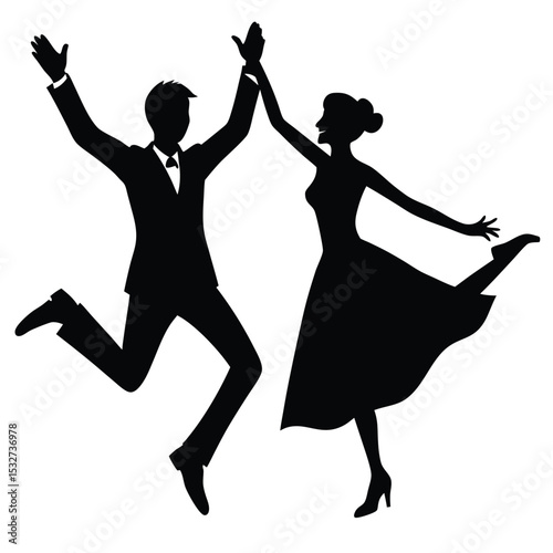 Joyful Couple Dancing Silhouette Elegant Ballroom Dance Illustration