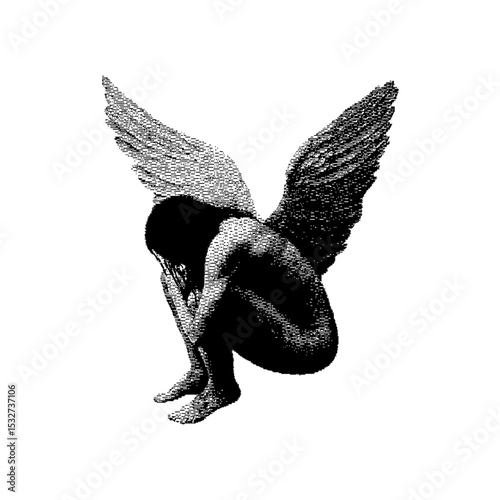 Angel  Pixel art. The pixels are scattered, dissolve. Vector monochrome style. Abstract random squares, background. Template. Monochrome style. Vectores. Vector para descargar