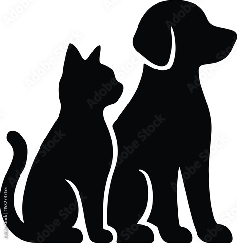 Silhouette cat and dog sitting together vector illustration