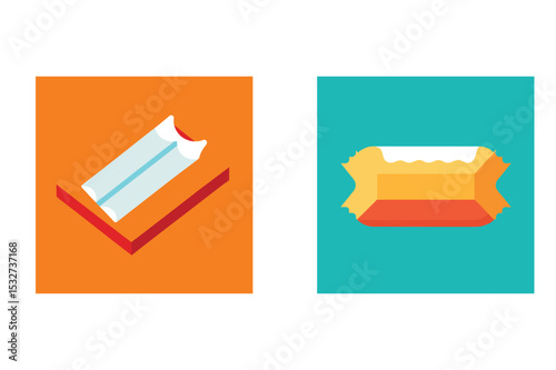 Simple illustrated ticket and candy bar isolated on white background in vibrant flat colors