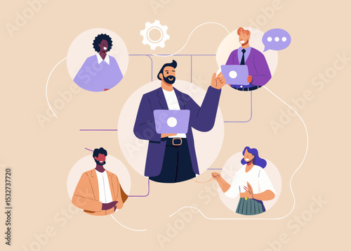 Virtual Meeting with Diverse Team Members Connecting Online Collaboration and Communication in Business Modern Flat Vector Illustration