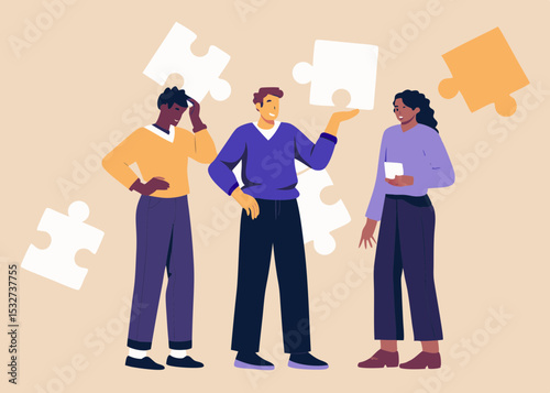 Diverse team collaborating with puzzle pieces finding solutions and building strategy representing teamwork problem solving and achieving common goals in
