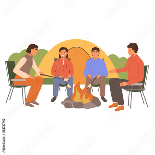 Group of friends roasting marshmallows around a campfire with a tent behind