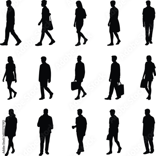"Silhouettes of diverse people walking with bags, business professionals, and casual walkers isolated on white background for stock."