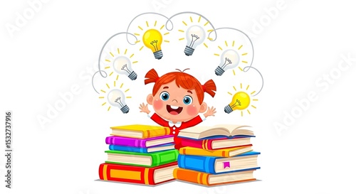 Young girl celebrates new ideas and learning with bright lightbulbs and colorful books.