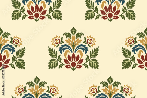 Floral ikat seamless pattern with ethnic embroidery and Aztec elements, perfect for traditional textile illustration and stylish fabric design.