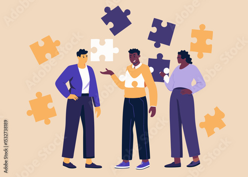Diverse Team Collaboration Solving Problems with Jigsaw Puzzle Pieces Illustrating Teamwork and Problem Solving in a Creative Way