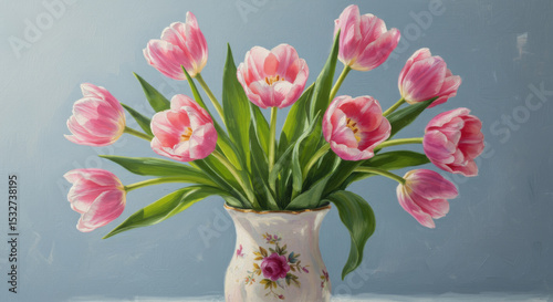 A soft-focus bouquet of tulips in a vase, painted in subtle oils that capture elegance, freshness, and simple grace.
