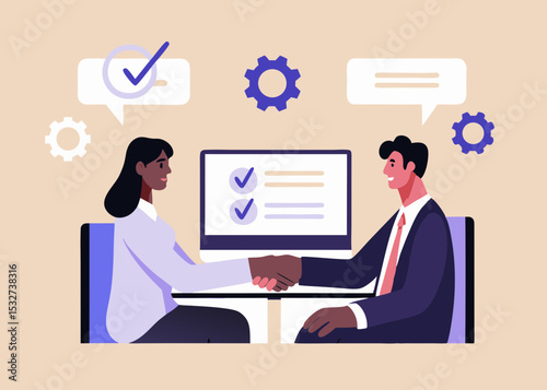Business Agreement and Collaboration Diverse Professionals Shaking Hands Over a Deal with Checkmarks and Gears Illustrating Success